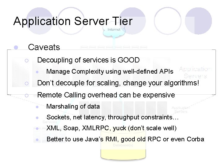 Application Server Tier l Caveats ¡ Decoupling of services is GOOD l Manage Complexity