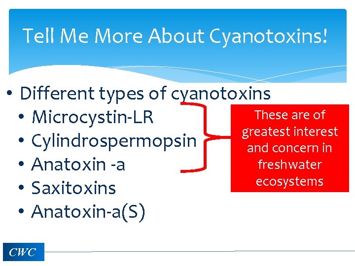 Tell Me More About Cyanotoxins! • Different types of cyanotoxins These are of •