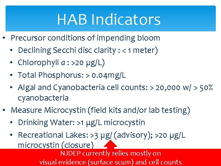 HAB Indicators • Precursor conditions of impending bloom • Declining Secchi disc clarity :