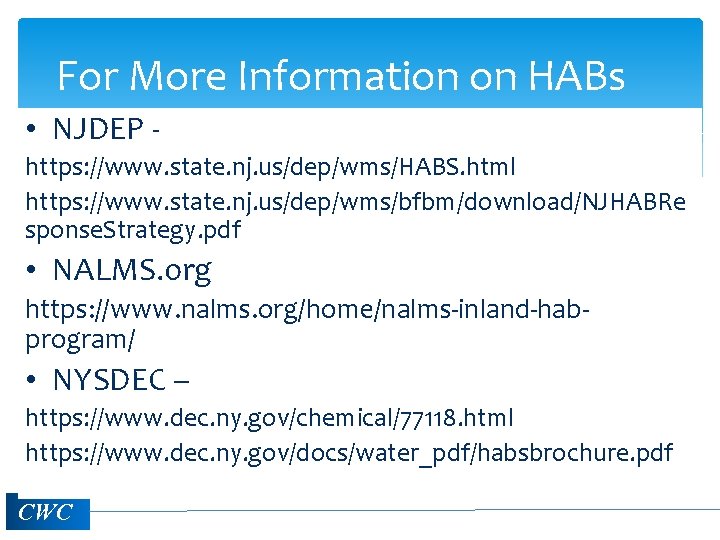 For More Information on HABs • NJDEP https: //www. state. nj. us/dep/wms/HABS. html https: