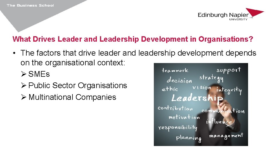 What Drives Leader and Leadership Development in Organisations? • The factors that drive leader