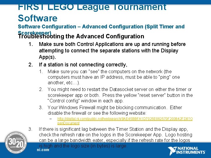 FIRST LEGO League Tournament Software Configuration – Advanced Configuration (Split Timer and Scorekeeper) Troubleshooting