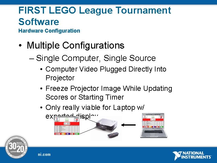 FIRST LEGO League Tournament Software Hardware Configuration • Multiple Configurations – Single Computer, Single