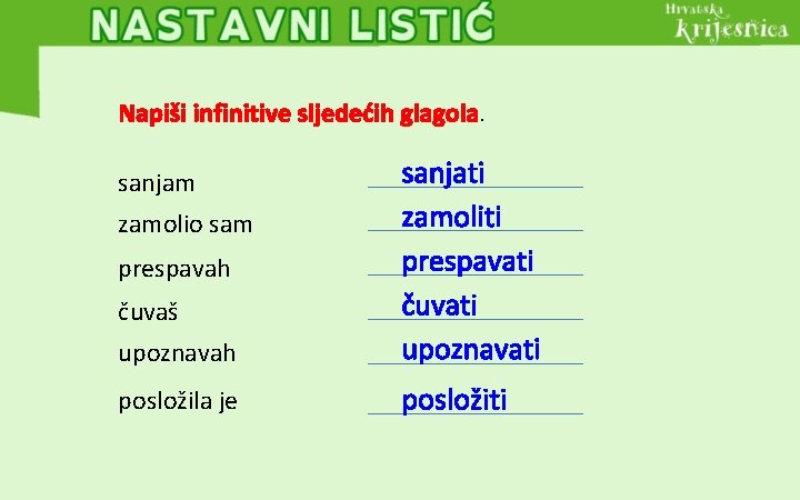 Napiši infinitive sljedećih glagola. upoznavah sanjati zamoliti prespavati čuvati upoznavati posložila je posložiti sanjam