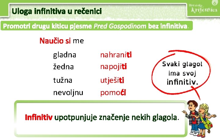 Uloga infinitiva u rečenici Promotri drugu kiticu pjesme Pred Gospodinom bez infinitiva. Naučio si