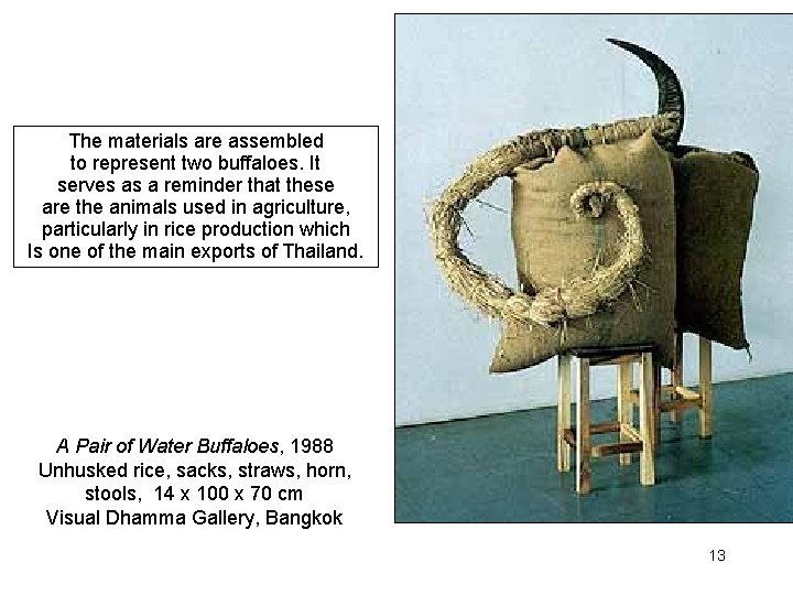 The materials are assembled to represent two buffaloes. It serves as a reminder that