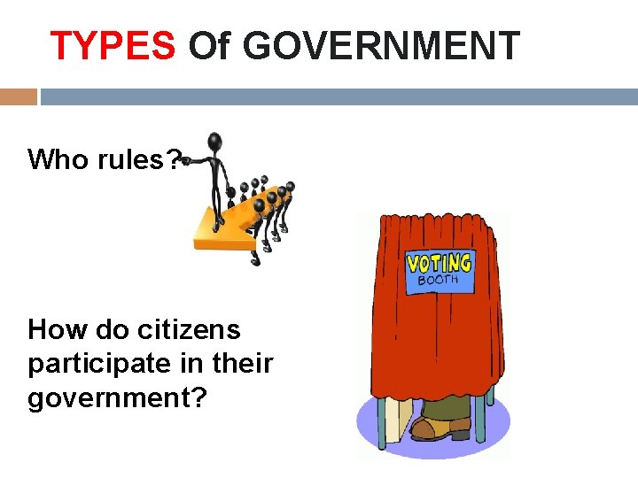 TYPES Of GOVERNMENT Who rules? How do citizens participate in their government? 