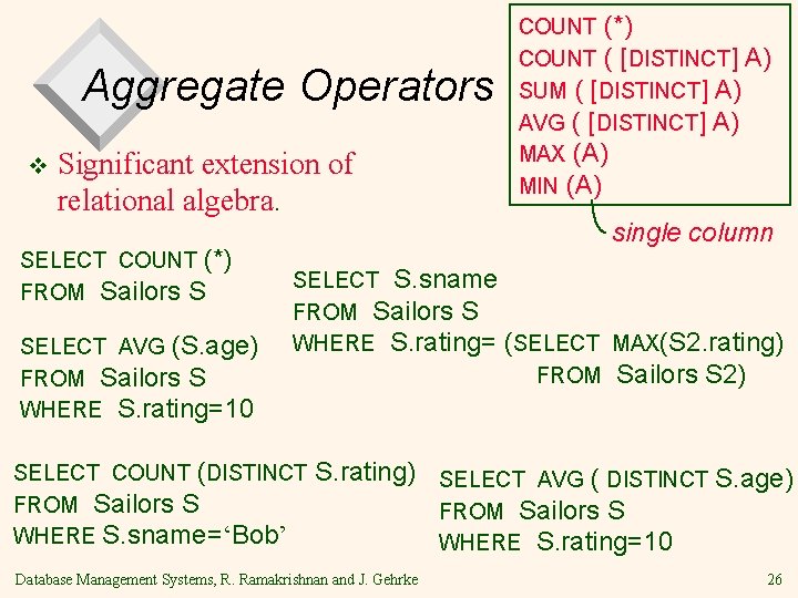 Aggregate Operators v Significant extension of relational algebra. SELECT COUNT (*) FROM Sailors S