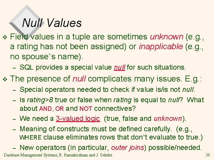 Null Values v Field values in a tuple are sometimes unknown (e. g. ,