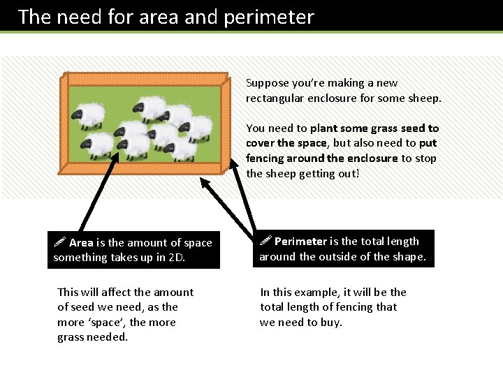 The need for area and perimeter Suppose you’re making a new rectangular enclosure for