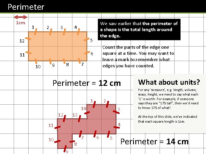 Perimeter 1 cm 1 2 We saw earlier that the perimeter of a shape
