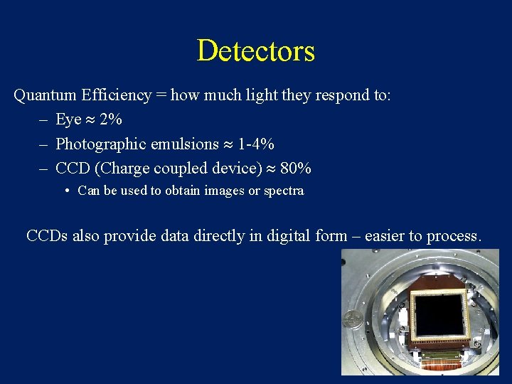 Detectors Quantum Efficiency = how much light they respond to: – Eye 2% –