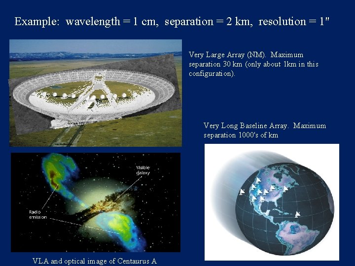 Example: wavelength = 1 cm, separation = 2 km, resolution = 1" Very Large