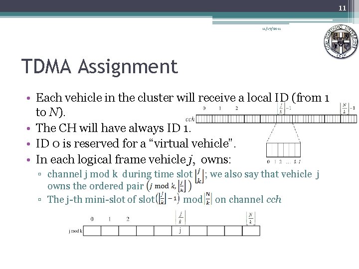 11 11/17/2011 TDMA Assignment • Each vehicle in the cluster will receive a local