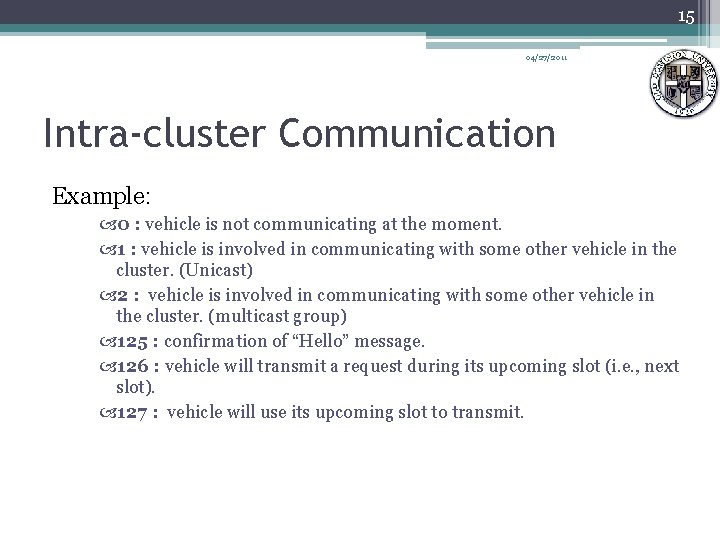 15 04/27/2011 Intra-cluster Communication Example: 0 : vehicle is not communicating at the moment.