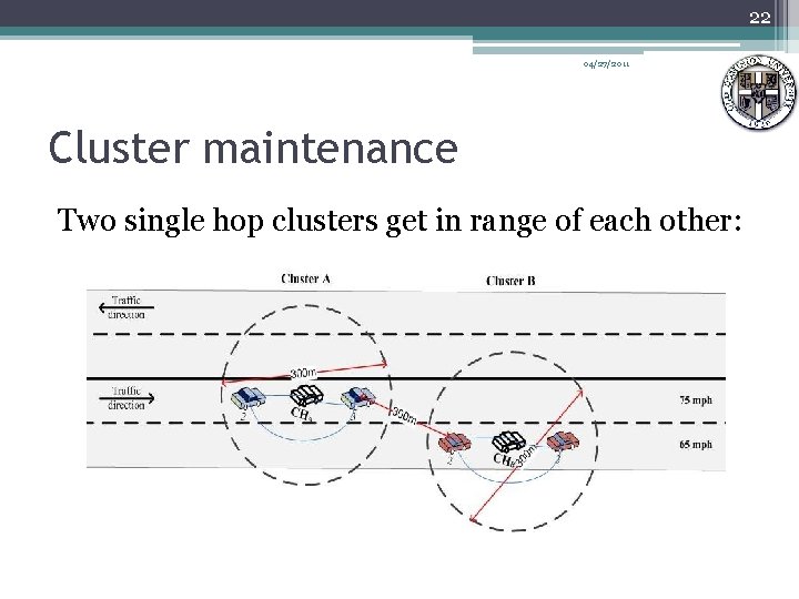 22 04/27/2011 Cluster maintenance Two single hop clusters get in range of each other: