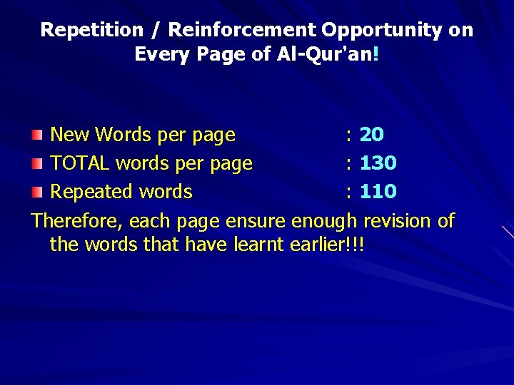 Repetition / Reinforcement Opportunity on Every Page of Al-Qur'an! New Words per page :