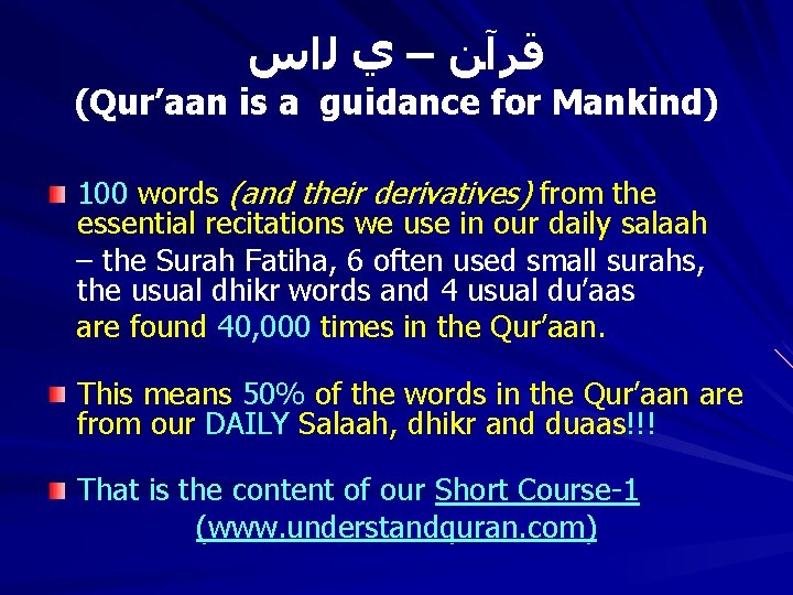  ﻗﺮآﻦ – ﻱ ﻟﺍﺱ (Qur’aan is a guidance for Mankind) 100 words (and