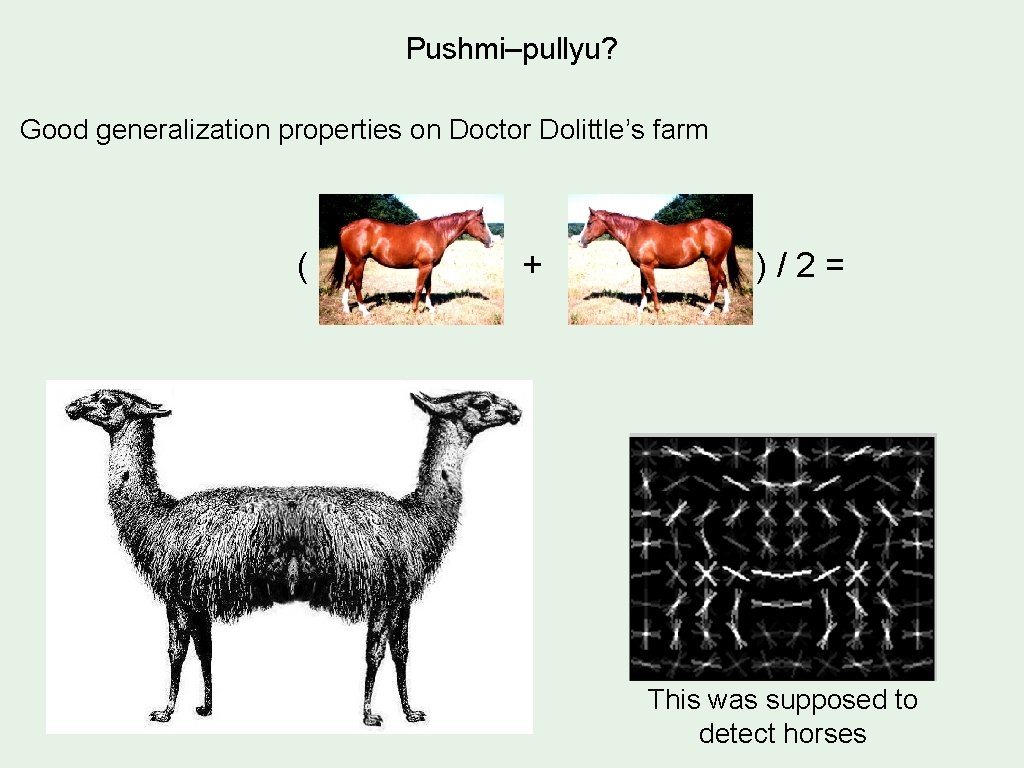 Pushmi–pullyu? Good generalization properties on Doctor Dolittle’s farm ( + ) / 2 =