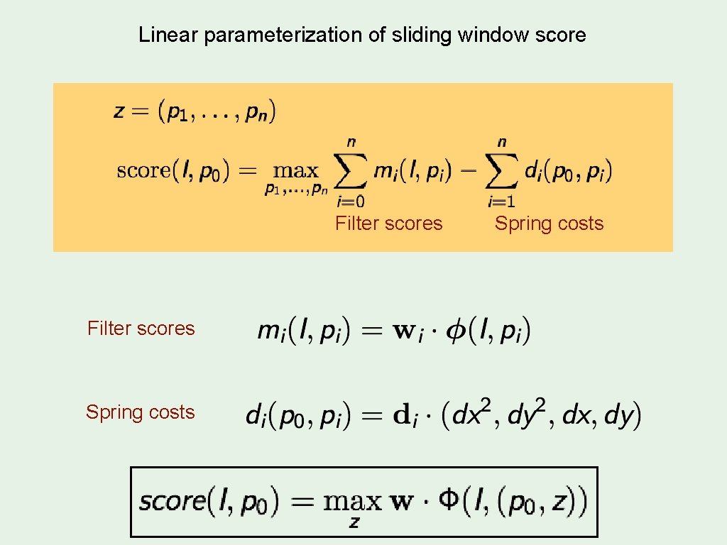 Linear parameterization of sliding window score Filter scores Spring costs 