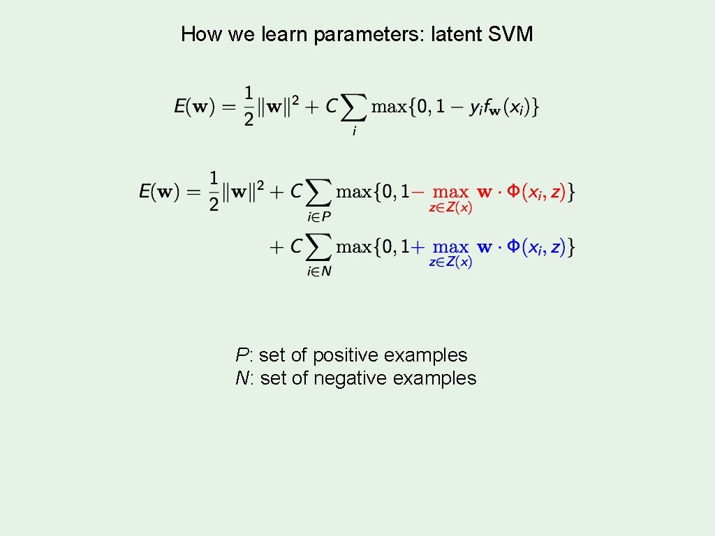 How we learn parameters: latent SVM P: set of positive examples N: set of