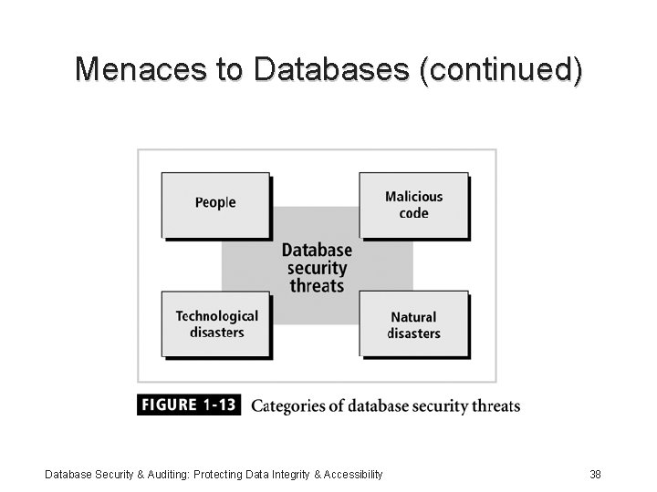 Menaces to Databases (continued) Database Security & Auditing: Protecting Data Integrity & Accessibility 38