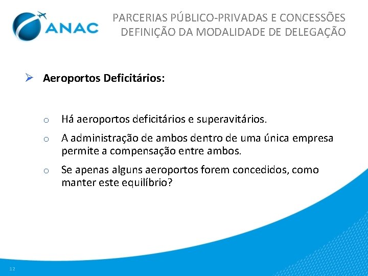 PARCERIAS PÚBLICO-PRIVADAS E CONCESSÕES DEFINIÇÃO DA MODALIDADE DE DELEGAÇÃO Ø Aeroportos Deficitários: 12 o