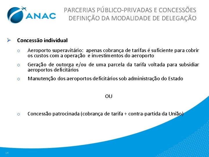 PARCERIAS PÚBLICO-PRIVADAS E CONCESSÕES DEFINIÇÃO DA MODALIDADE DE DELEGAÇÃO Ø Concessão individual o Aeroporto