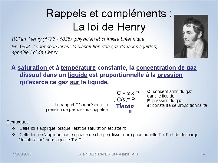 Rappels et compléments : La loi de Henry William Henry (1775 - 1836) physicien
