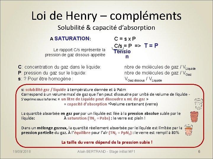 Loi de Henry – compléments Solubilité & capacité d’absorption A SATURATION: Le rapport C/s