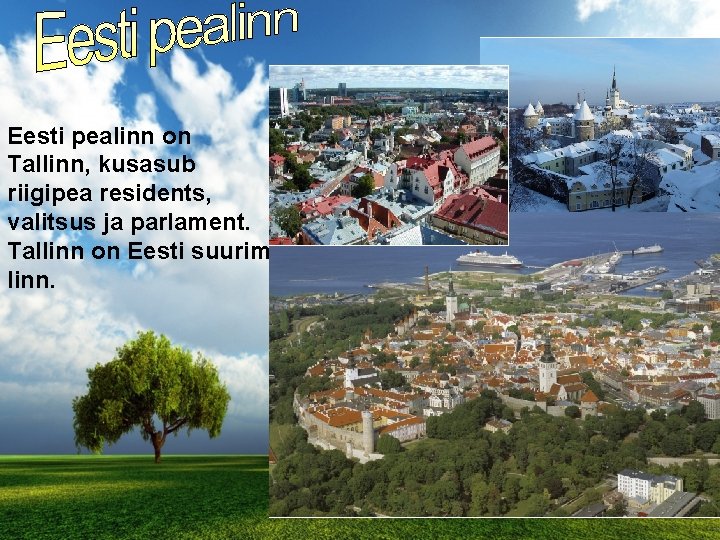 Eesti pealinn on Tallinn, kusasub riigipea residents, valitsus ja parlament. Tallinn on Eesti suurim