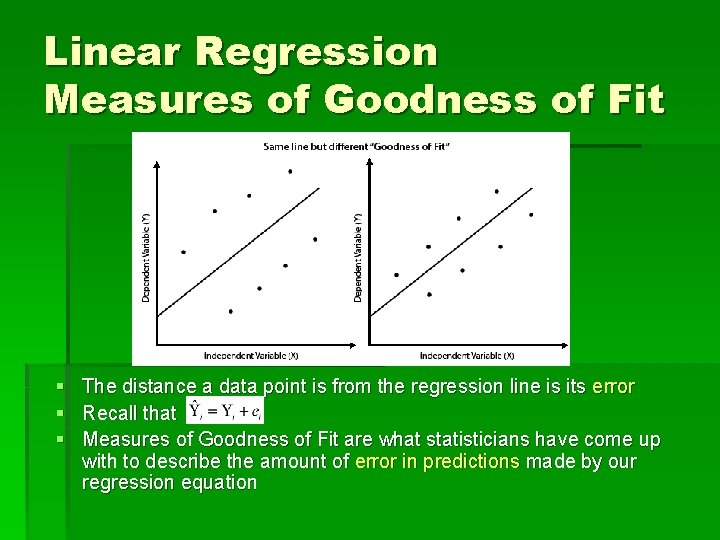 Linear Regression Measures of Goodness of Fit § § § The distance a data