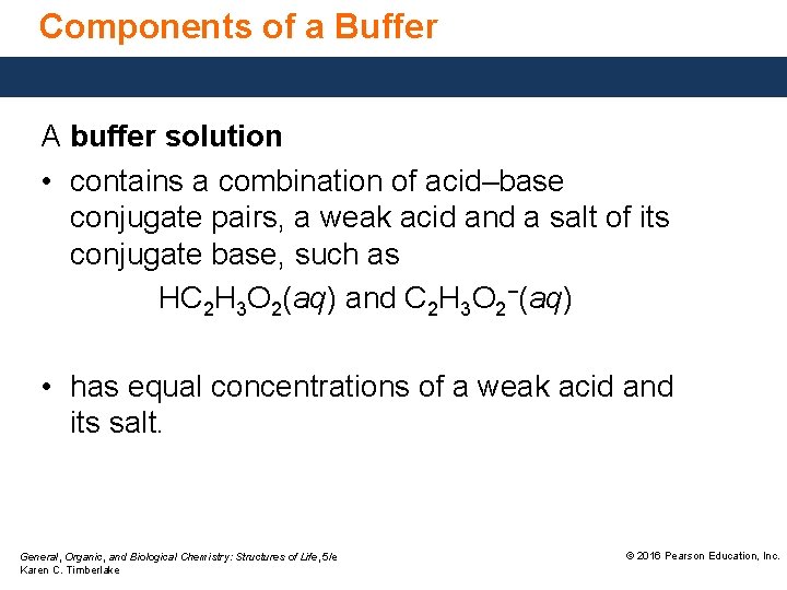 Components of a Buffer A buffer solution • contains a combination of acid–base conjugate