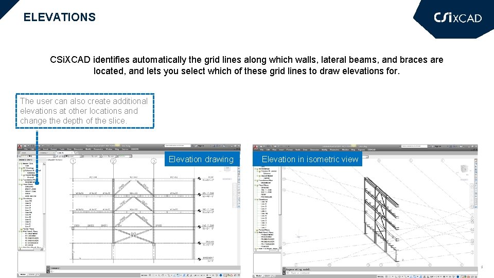 ELEVATIONS CSi. XCAD identifies automatically the grid lines along which walls, lateral beams, and