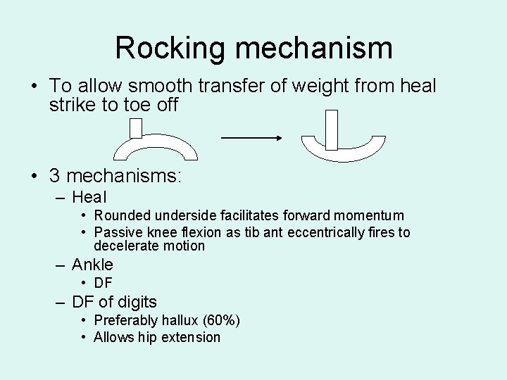 Rocking mechanism • To allow smooth transfer of weight from heal strike to toe