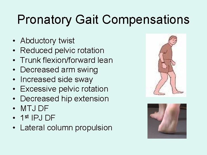 Pronatory Gait Compensations • • • Abductory twist Reduced pelvic rotation Trunk flexion/forward lean