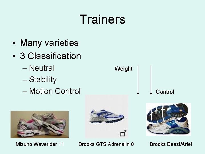 Trainers • Many varieties • 3 Classification – Neutral – Stability – Motion Control