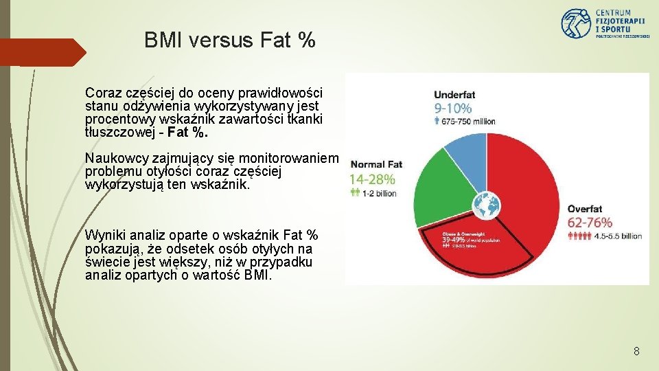 BMI versus Fat % Coraz częściej do oceny prawidłowości stanu odżywienia wykorzystywany jest procentowy