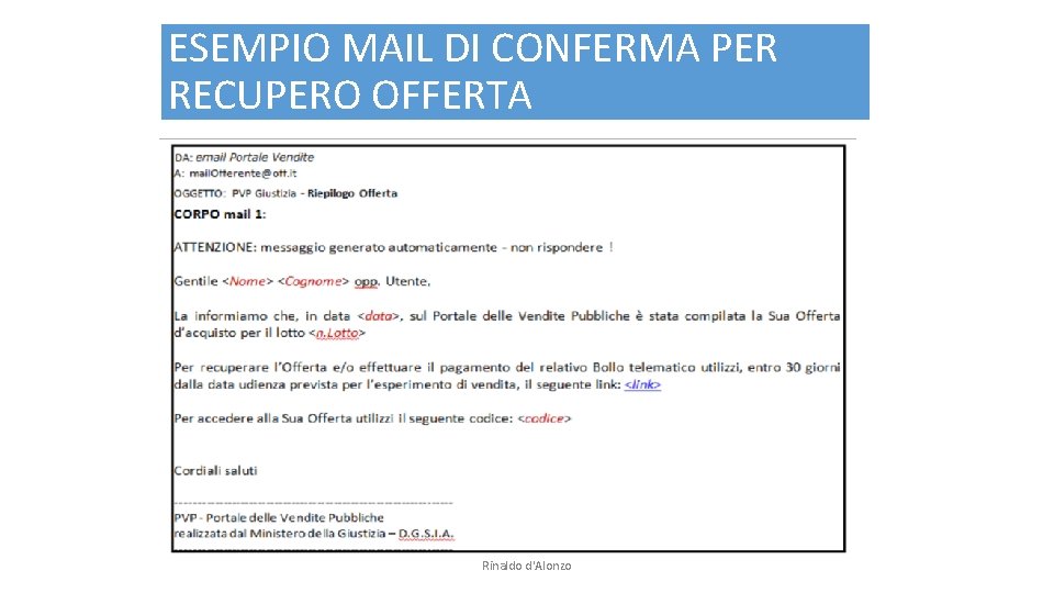 ESEMPIO MAIL DI CONFERMA PER RECUPERO OFFERTA Rinaldo d'Alonzo 