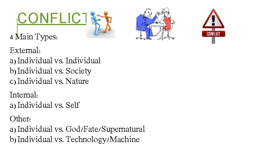 CONFLICT 4 Main Types: External: a) Individual vs. Individual b) Individual vs. Society c)