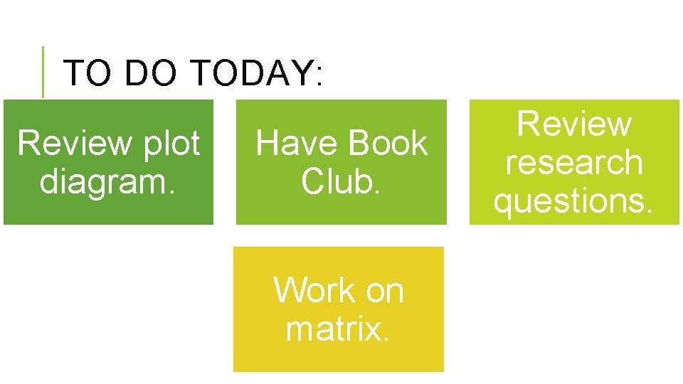 TO DO TODAY: Review plot diagram. Have Book Club. Work on matrix. Review research