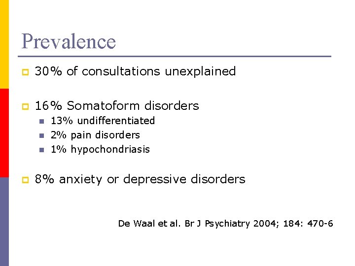 Prevalence p 30% of consultations unexplained p 16% Somatoform disorders n n n p