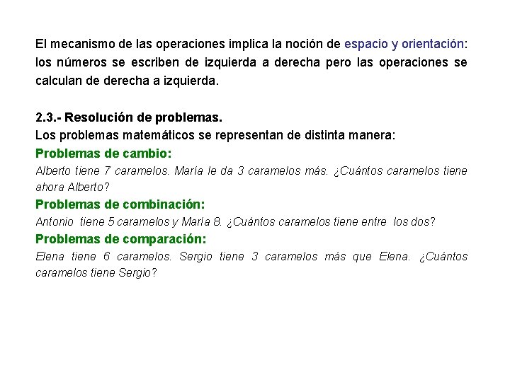 El mecanismo de las operaciones implica la noción de espacio y orientación: los números