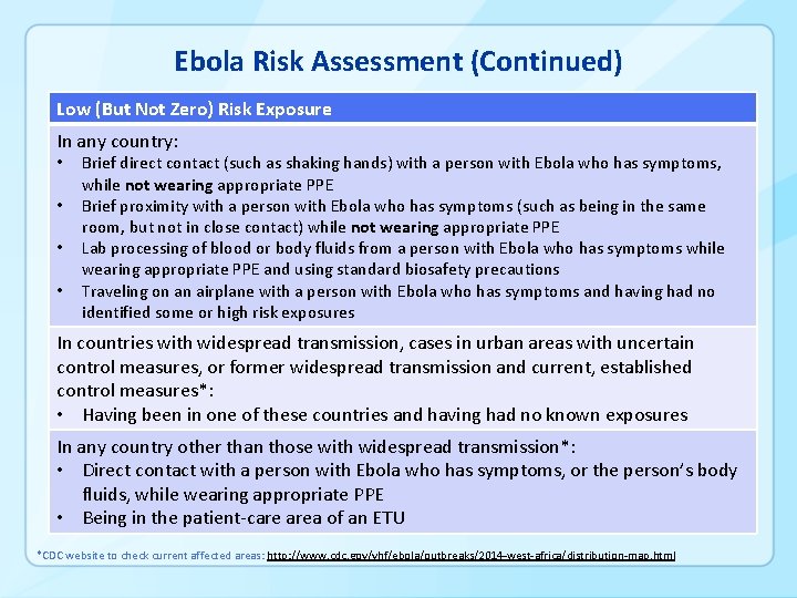 Ebola Risk Assessment (Continued) Low (But Not Zero) Risk Exposure In any country: •