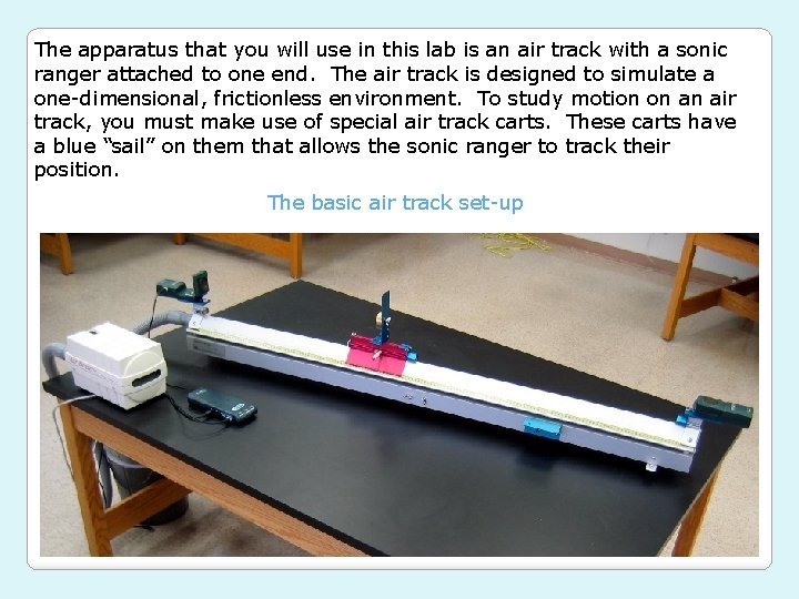 The apparatus that you will use in this lab is an air track with