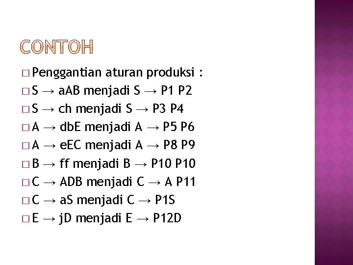 � Penggantian aturan produksi : � S → a. AB menjadi S → P