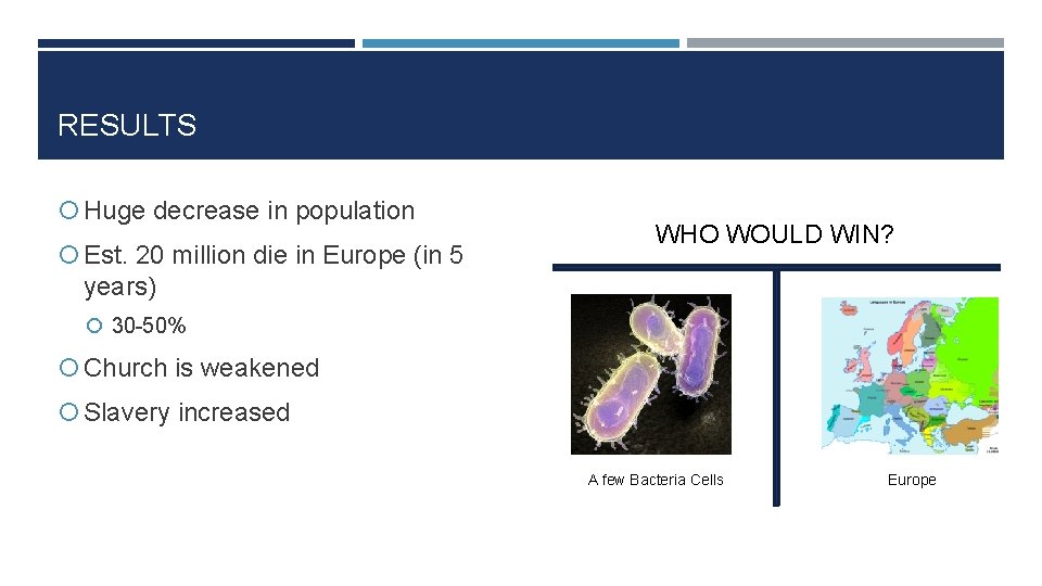 RESULTS Huge decrease in population Est. 20 million die in Europe (in 5 WHO