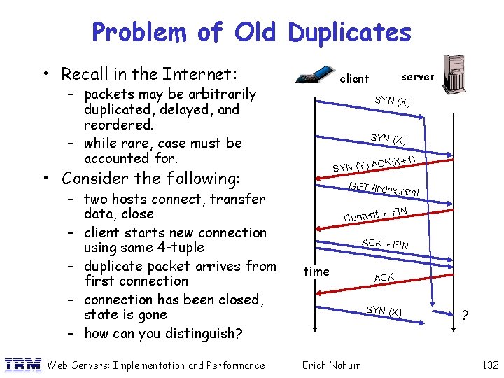 Problem of Old Duplicates • Recall in the Internet: – packets may be arbitrarily