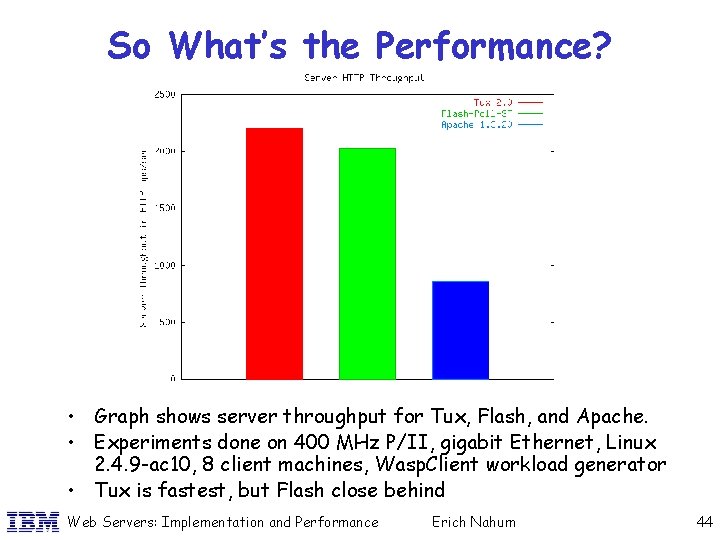 So What’s the Performance? • Graph shows server throughput for Tux, Flash, and Apache.