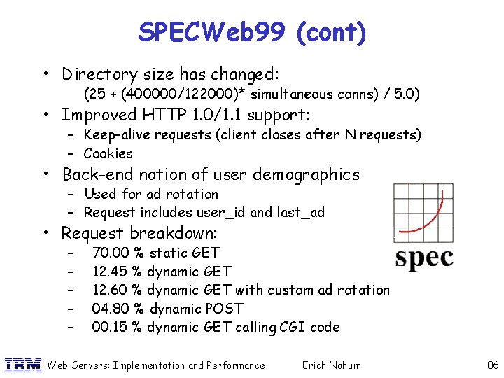 SPECWeb 99 (cont) • Directory size has changed: (25 + (400000/122000)* simultaneous conns) /